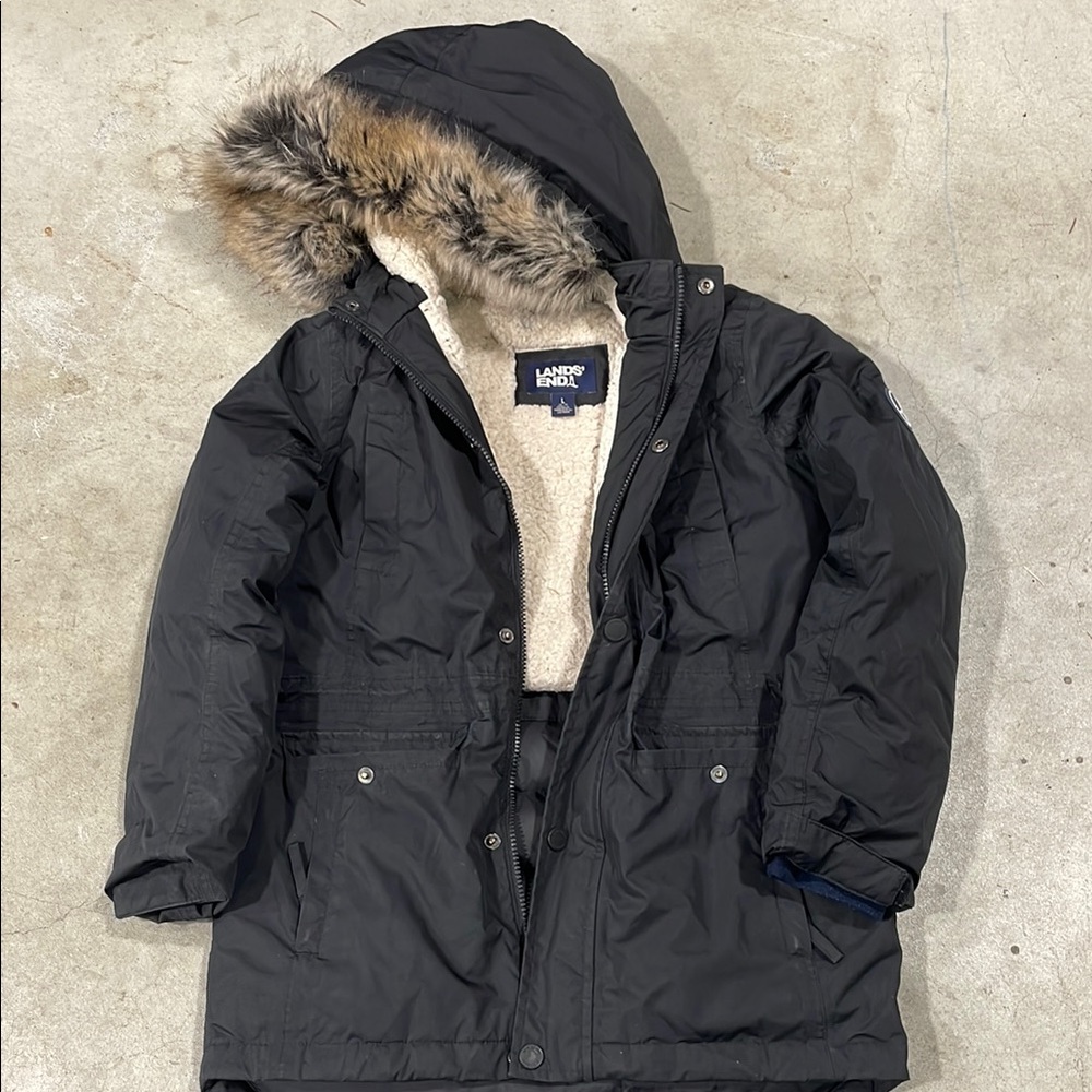 Lands' End Black Parka with Faux Fur Hood